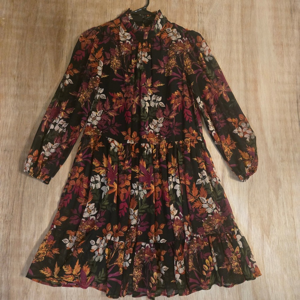 Whimsigoth Autumn Floral Mock Neck Chiffon Tiered Long Sleeve Dress Size 4